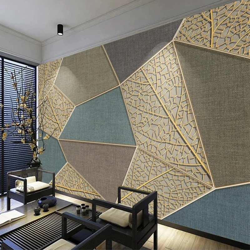 Custom 3d Geometric Leaves Textura Mural Golden Embossed Lines Photo Wallpaper For Bedroom Living Room tv Wall Home Decor Modern