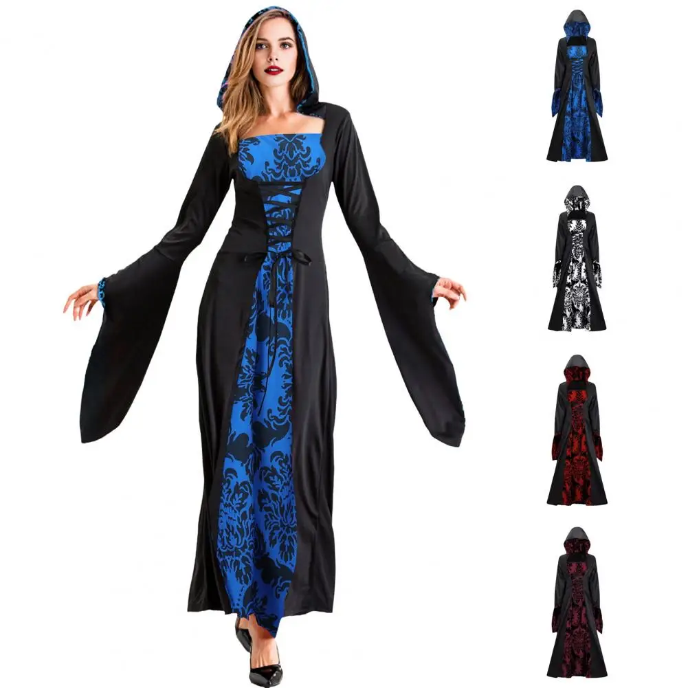Renaissance Dress Dark Style Halloween Party Costume with Lace-up Strap Hooded Flower Print A-line Performance Dress for Women