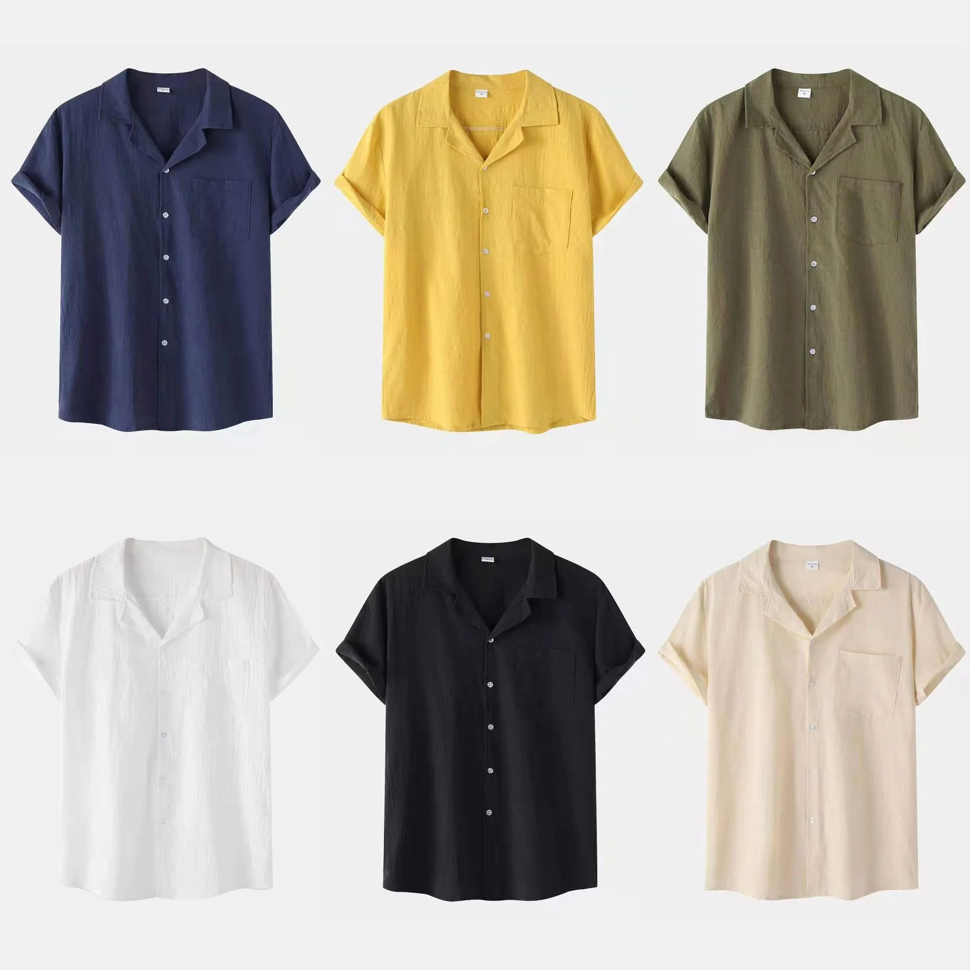 Summer cotton linen short-sleeved shirt casual cardigan thin solid color
