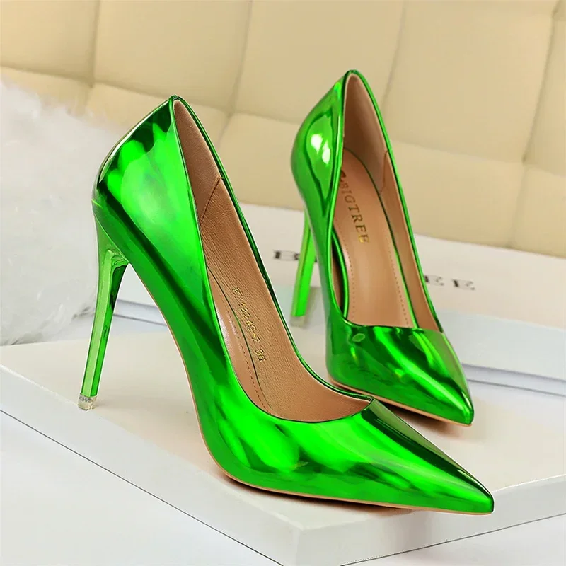 Plus Size Frauen Lack leder 10,5 cm High Heels Club Pumps Dame Luxus glänzende Stripper Stiletto blau grün Hochzeits kleid Schuhe – Detail 19