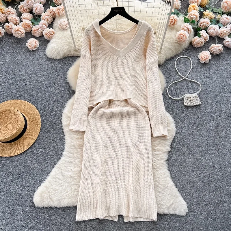 

Vintage Sets Two Pieces Women A Line Elegant Office Ladies Vestidos Casual High Waist Party Solid Hooded Sweater Black Dress