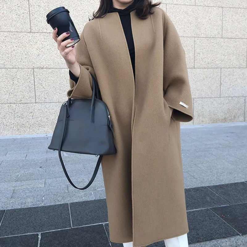 

Khaki Long Woolen Jacket Women Vintage 2023 Winter Open Stitched Loose Blend Coat Ladies Autumn Oversized Chic Outerwear