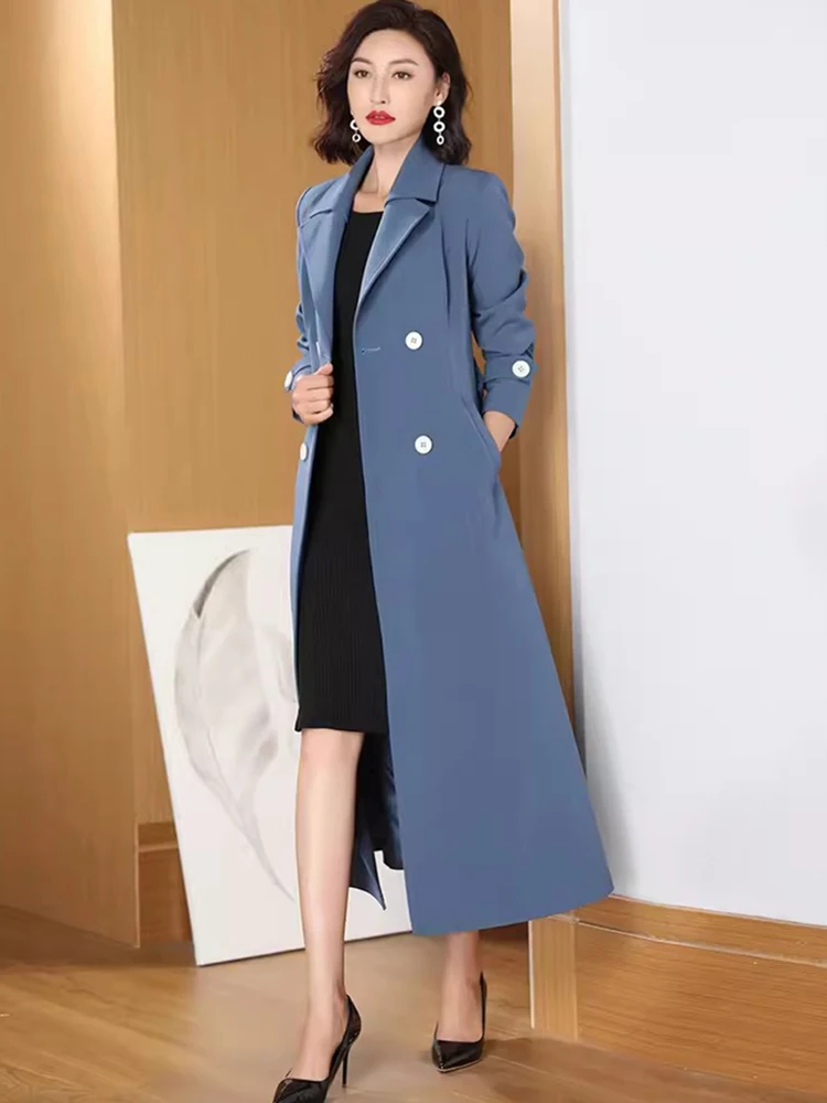 New Women Blue Long Trench Coat Spring Autumn Fashion Casual England Style  Suit Collar Double Breasted Lace-up Slim Overcoat
