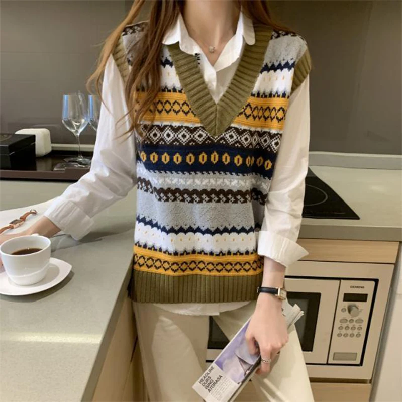 Spring Autumn Loose Casual V-neck Patchwork Sweater Vest Women Sleeveless All-match Knitting Pullover Female Vintage Jumper Top
