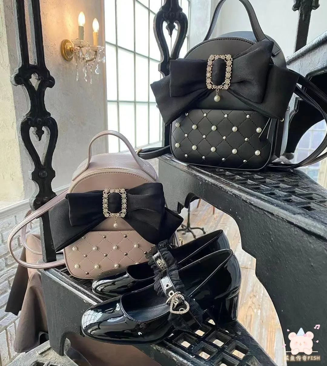 Japanese Rojita Rhinestone Bowknot Shoulder Bag Student Girls Pearl Bow Mine Mass-Produced Backpack Cute Leather Bags