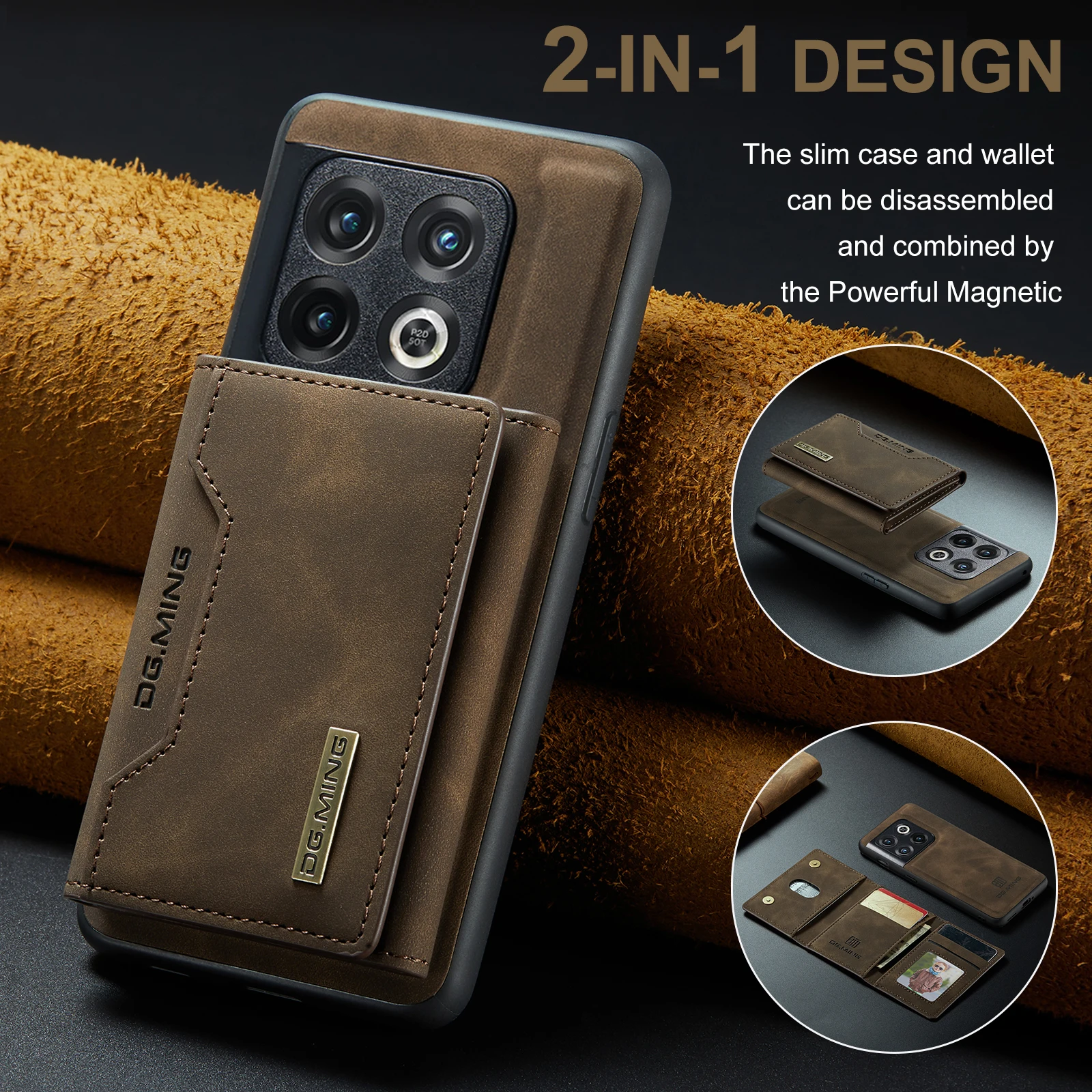 DG.MING Vintage 2in1 Magnetic Detachable Leather Wallet Case for OnePlus 11 10 Pro ACE Retro Card Slots Pocket Holder Back Cover