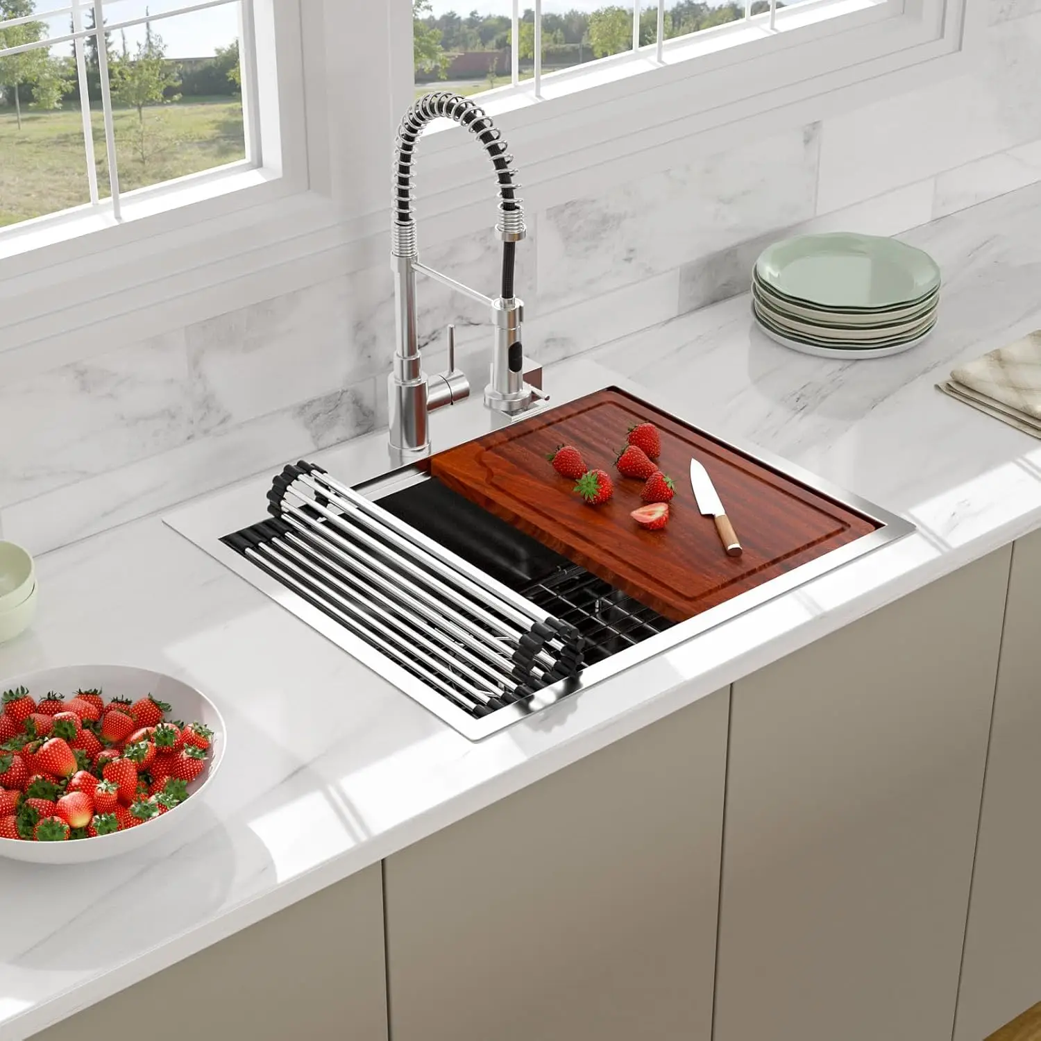25 Drop In Kitchen Sink - Beslend 25X22 Inch Stainless Steel Kitchen Sinks Ledge Workstation Sink 16 Gauge Top Mount Sink 2