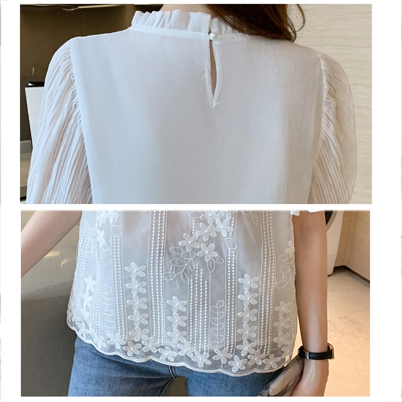 Summer Women Blouse Short Sleeve Embroidery Lace Chiffon Blouse Shirt Blouse Women Blusas Mujer De Moda 2025 Blouses Femme 18927