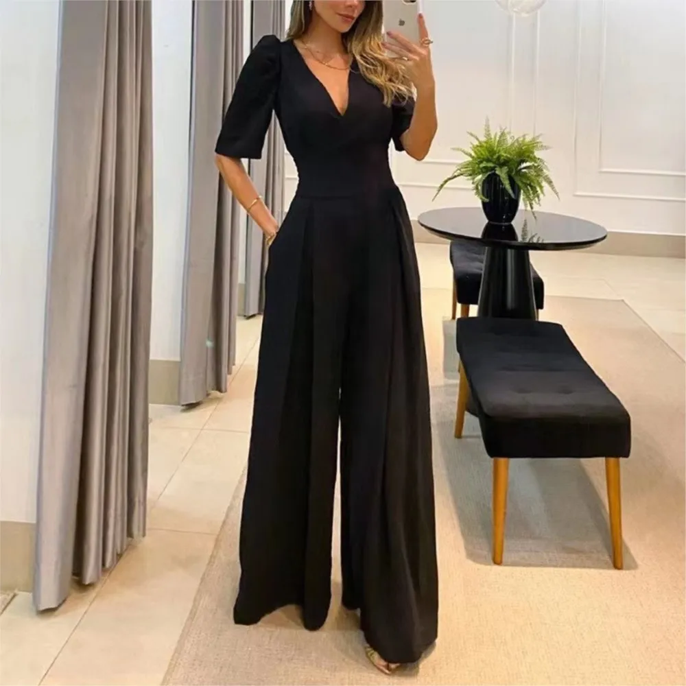 Temperament High Waist Lace-up Elegant Jumpsuits Women 2023 Summer Autumn New Deep V-neck Short Sleeve Ruched Wide Leg Jumpsuit