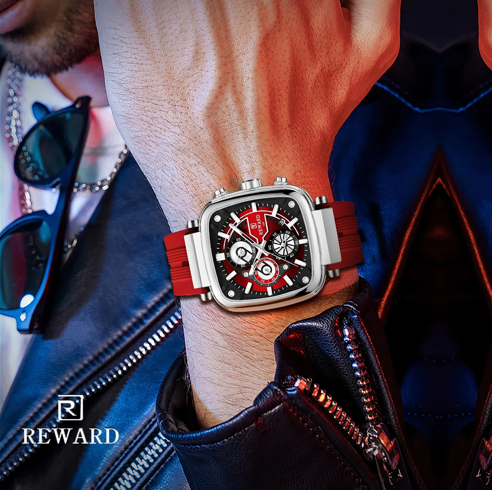 REWARD Casual Sport Quartz Man Watch Top Brand Luxury Red Watches Fashion Clock Man Silicone Strap 3