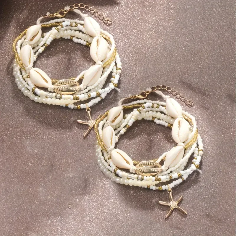 7/14pcs Bohemian Beaded Anklet Set for Women Summer Starfish Shell Charms Multi-Layer Beach Foot Bracelets Daily Wear Jewelry