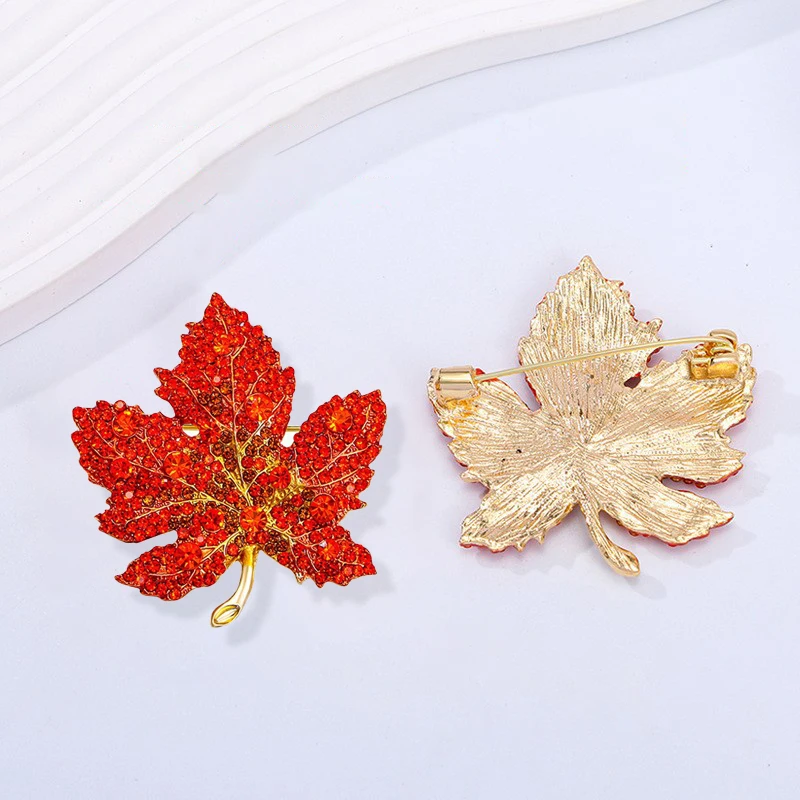 Trendy Red Maple Leaf Metal Brooches Crystal Plant Brooch Pin Birthday Gift For Women Men Fashion Jewelry