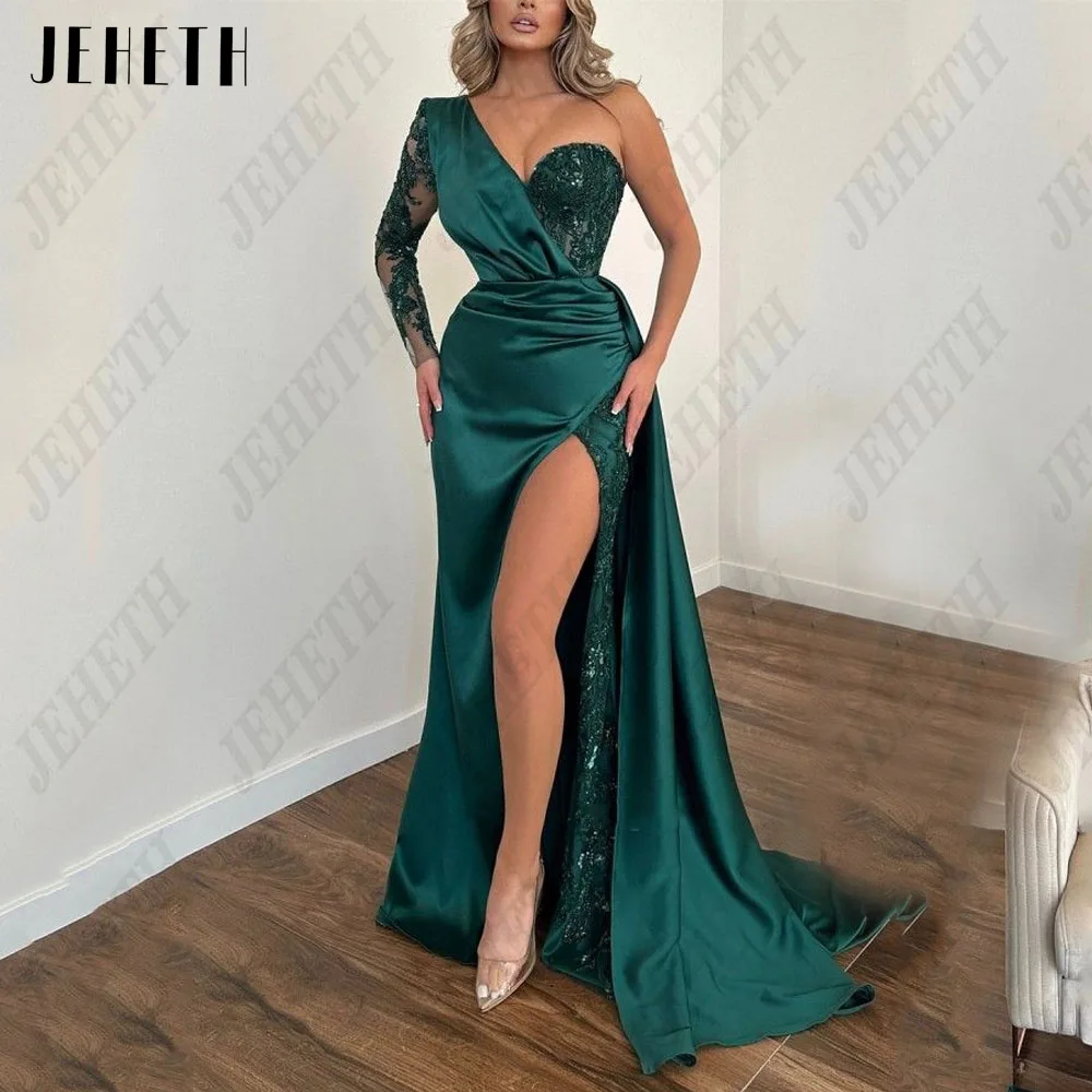 

JEHETH Modern Green Mermaid Party Gowns For Womens One Shoulder Sweetheart Evening Gown Dress Satin Side Split vestidos de noche