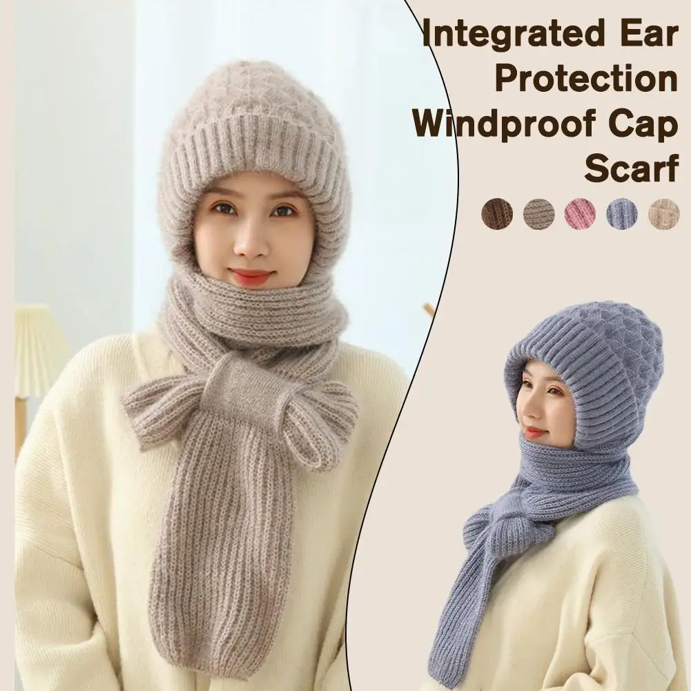 Winter Knitted Integrated Hat Thickened Knitted Skullies Hat Ear Protection Scarf Warm Beanies Cap Hooded Scarf For Outdoor Ski 3