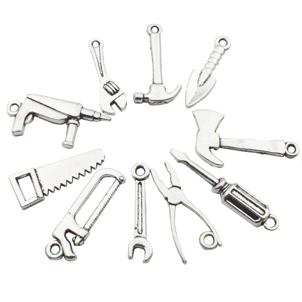 

30 шт., античное серебро, фотоподвеска, коллекция молотка, гаечный ключ, пила, плоскогубцы, лента, отвертка, подвеска «сделай сам» для изготовления ювелирных изделий, ожерелья