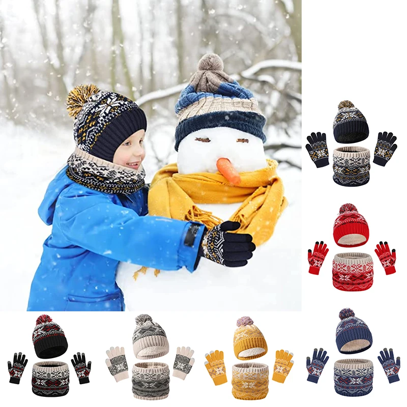 Adorable Kids' Winter Set-Snowflake Knit Hat, Fleece Scarf & Warm Gloves, 3-Piece Set For Cozy Comfort In Cold Weather