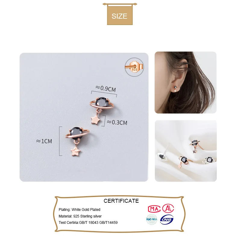 Sterling Silver Earring Jewelry Fashion Black CZ Stone Star Planet Stud Earrings - Image 2