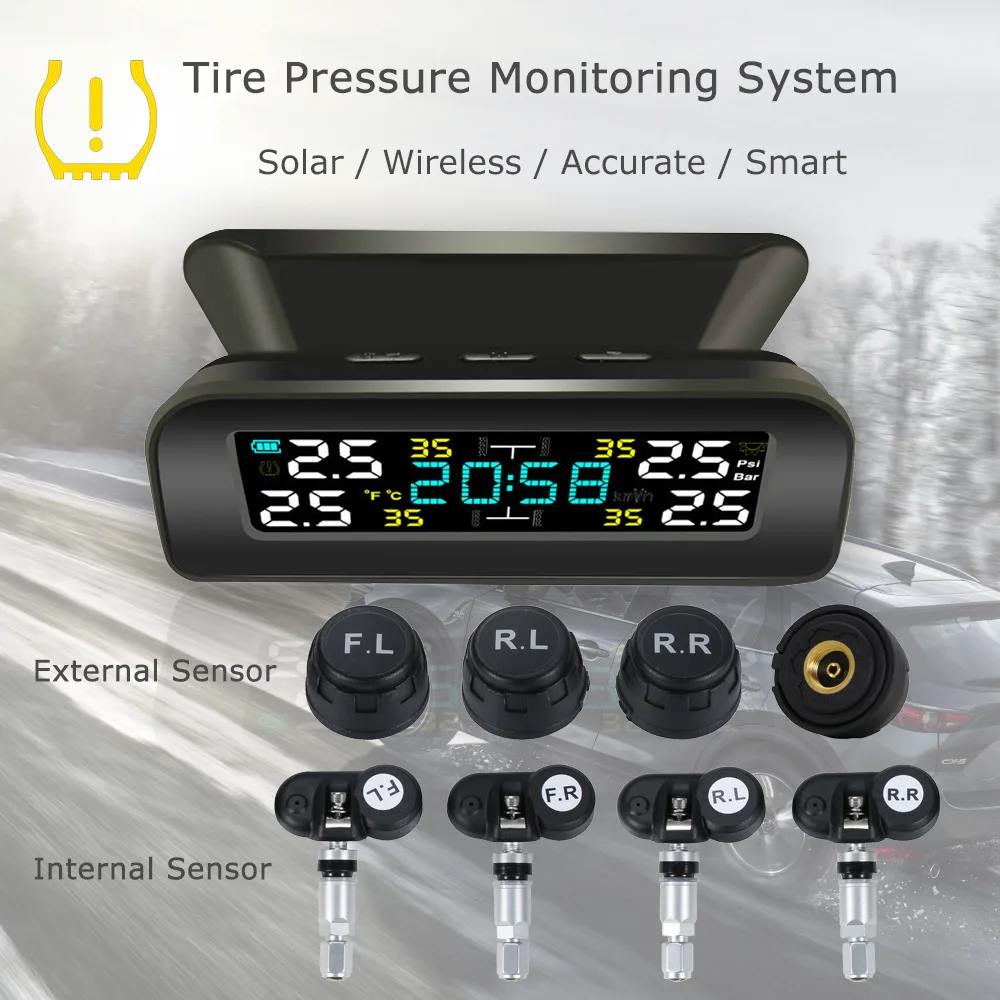 

Tire Pressure Monitor Windowshield Mounting Tire Pressure Monitoring System Wireless Solar TPMS With External Sensors For Car