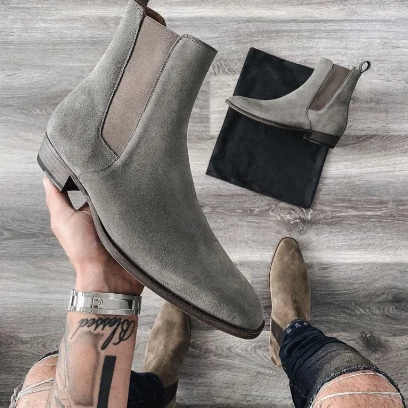 Men Chelsea Boots Flock Business Cowboy Handmade Size 38-46