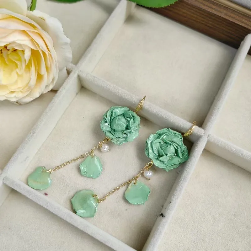 Elegant Immortal Rose Long Earrings Epoxy Resin Real Rose Flower 9