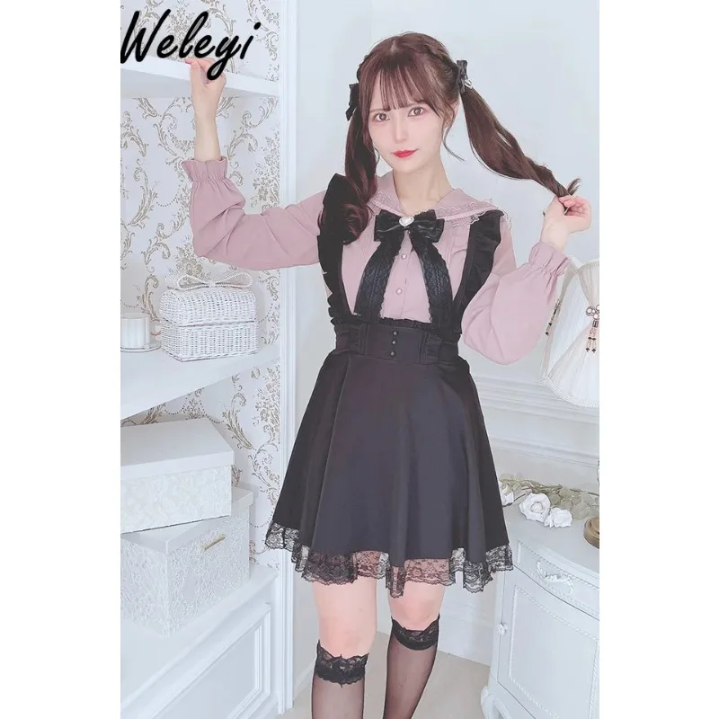 

Cute Japanese Solid Lolita Shirts 2024 Spring Ropa De Mujer New Mine Sailor Navy Blue Collar Lace Bow Long Sleeved Blusas Shirt