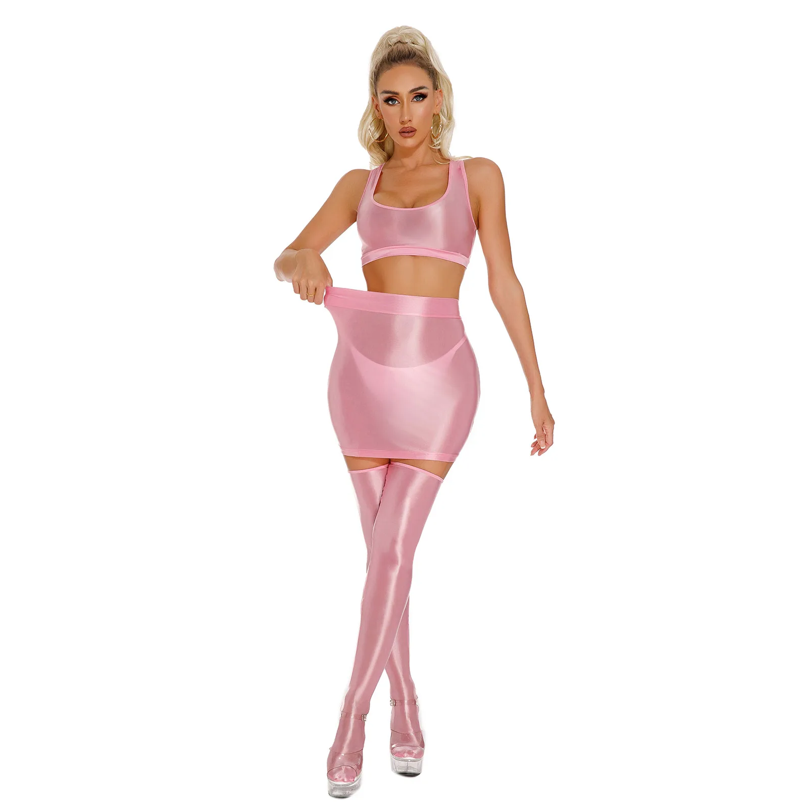 Trajes de baile en barra para fiesta Rave brillantes para mujer, Top corto con espalda cruzada, falda con cintura elástica y 1 par de medias altas hasta el muslo