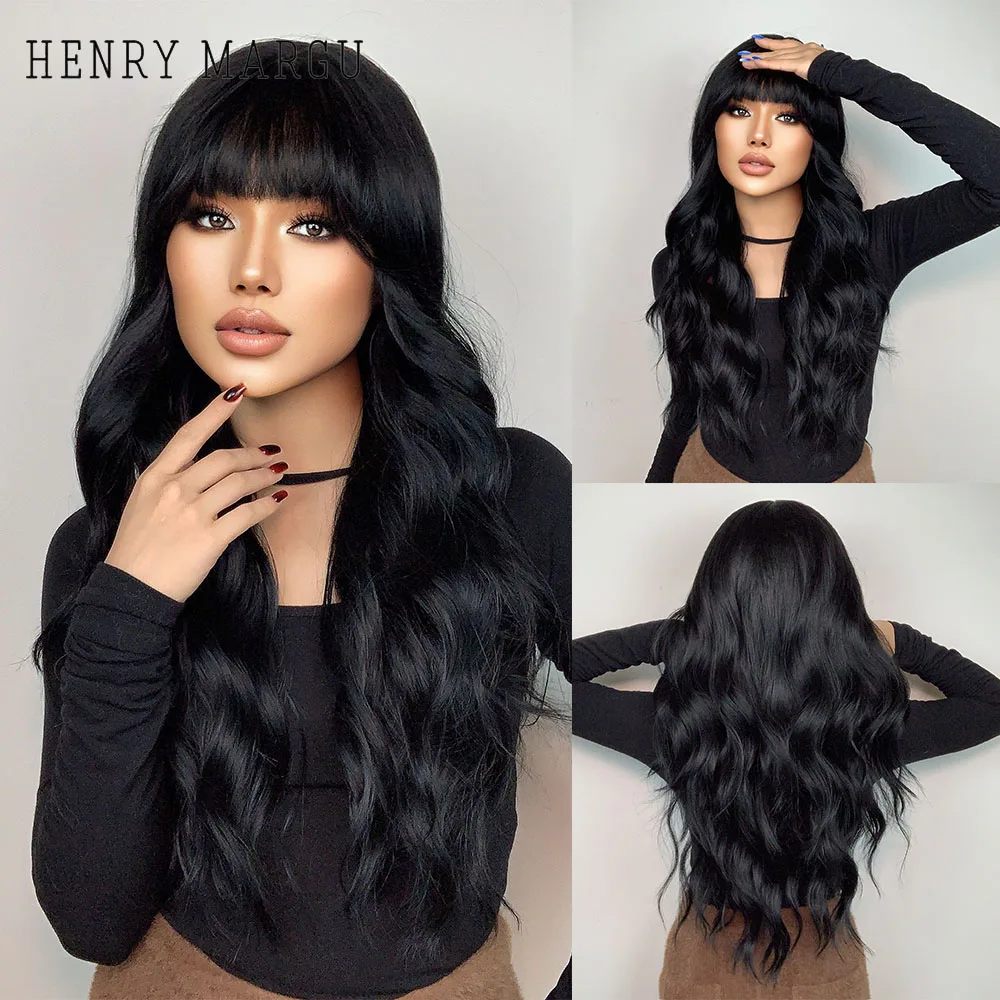 HENRY MARGU Long Wavy Synthetic Wigs With Bangs Natural Black Hair Wigs for Women Daily Party Heat Resistant Fiber Wigs