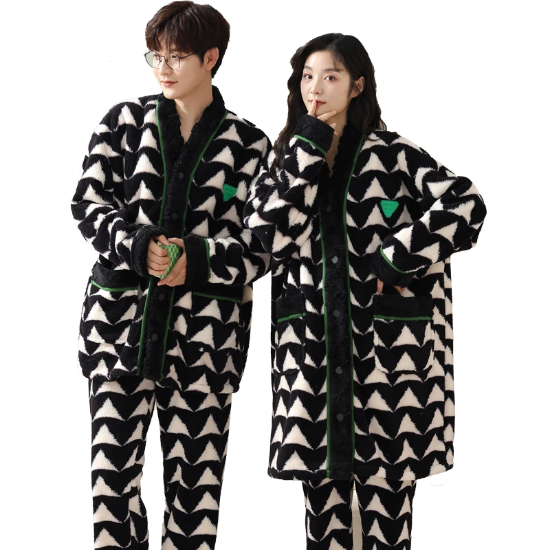 

Newest Couple Pajamas Set Winter Women Men Warm Flannel Pijama Top+Pant Lovers Home Clothing