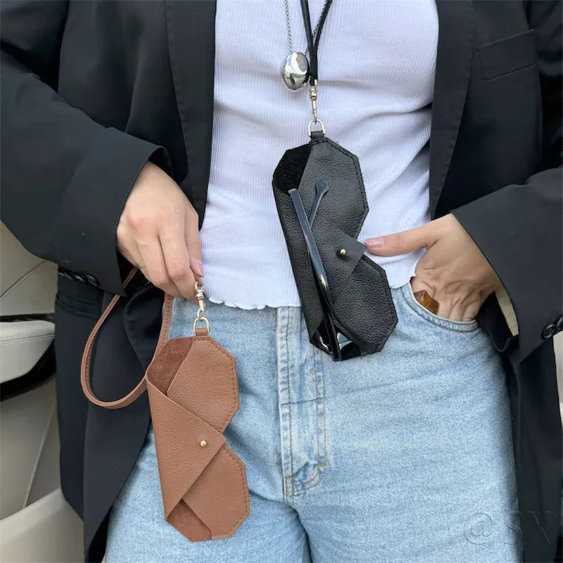 Pu Leather Sunglasses Storage Bag Solid Color Eyewear Bag With Lanyard Sunglasses Pouch Portable Hanging Sunglasses
