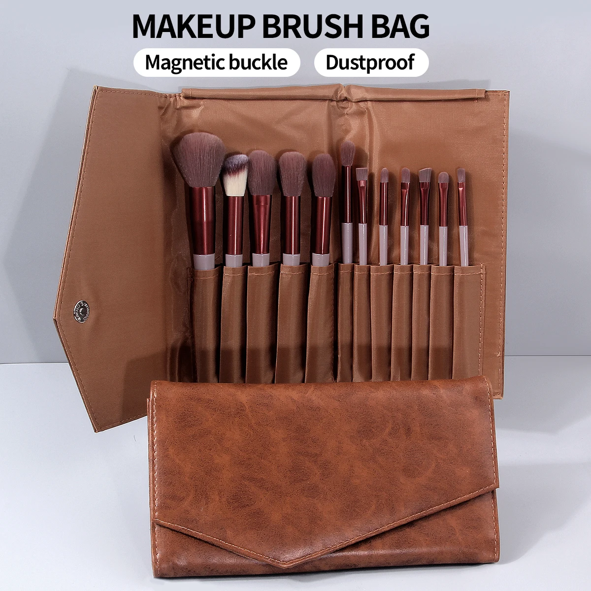 Elegant Brown PU Makeup Brush Bag with Magnetic Closure - Dustproof, Foldable Travel Organizer