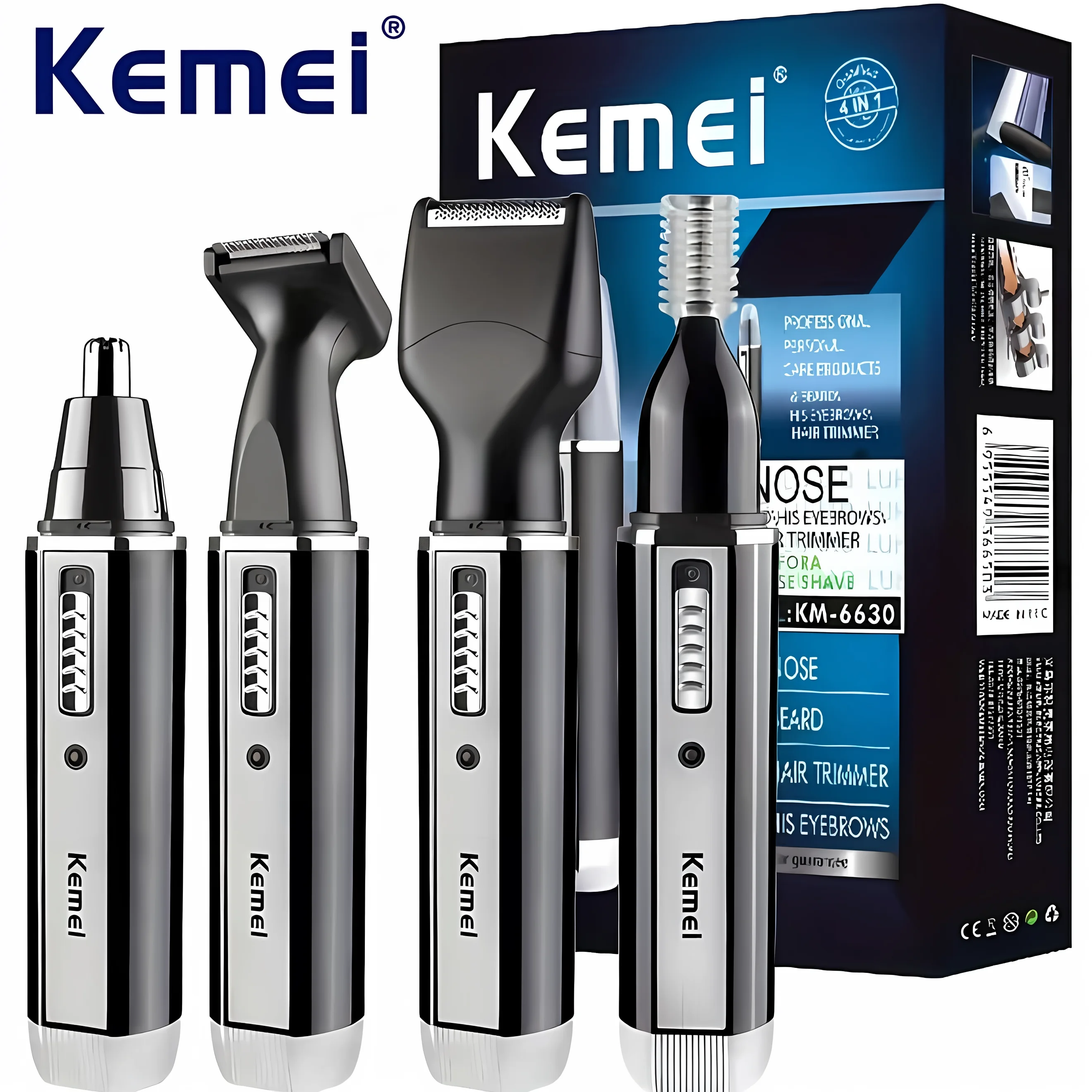 Kemei KM-6630 4 en 1 recortador de barba y pelo de cejas de nariz Afeitadora eléctrica recargable recortadora de orejas de nariz con corte de patillas para hombres
