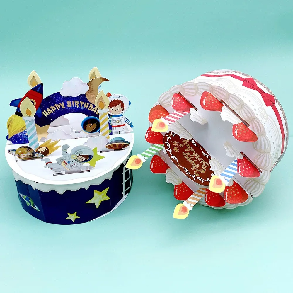 Birthday Card 3D Pop Up Cake Birthday Card With Envelope Set Strawberry Cake Astronaut Cartoon For Kids Friends Gifts