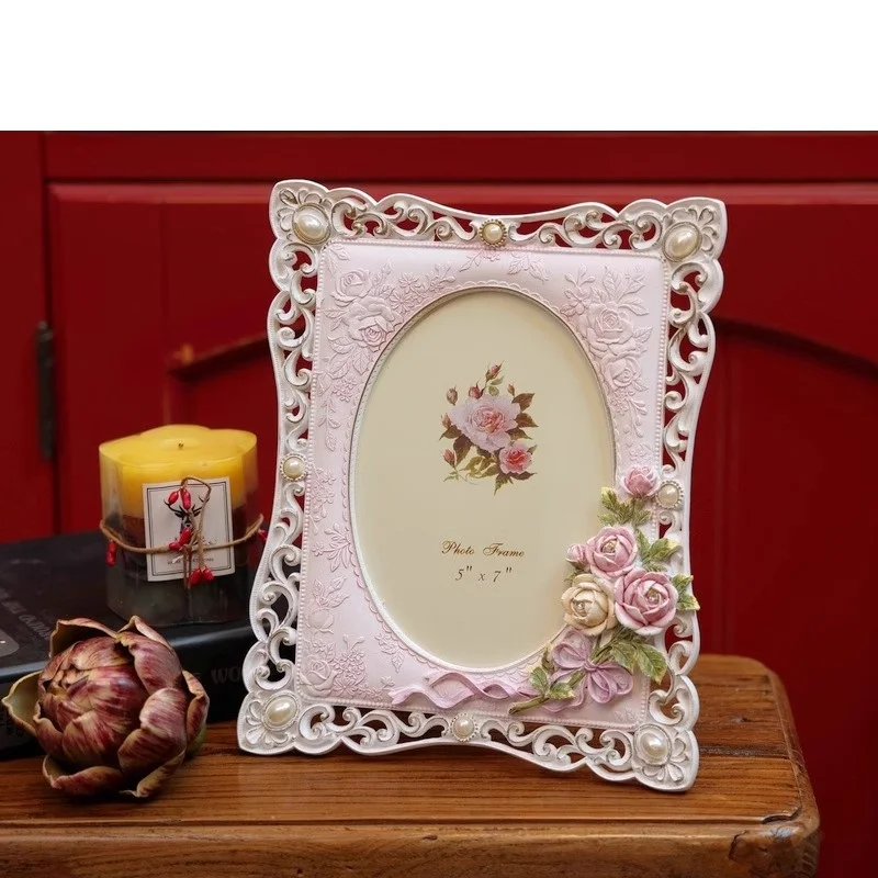 Pink Rose Imitation Pearl Series Warm Resin Picture Frame,Home Desktop Photo Frame