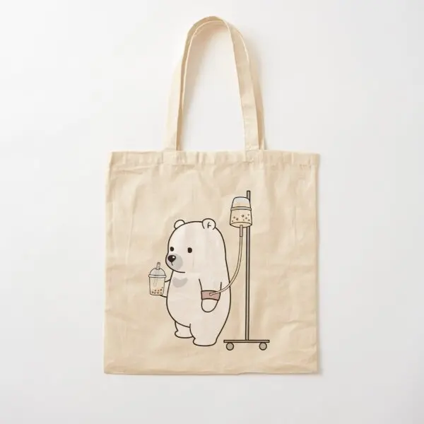 

Boba Bear Loves Boba Too Much Cotton Canvas Bag Casual Ladies Unisex Printed Travel Fabric Shopper Handbag Shoulder Bag