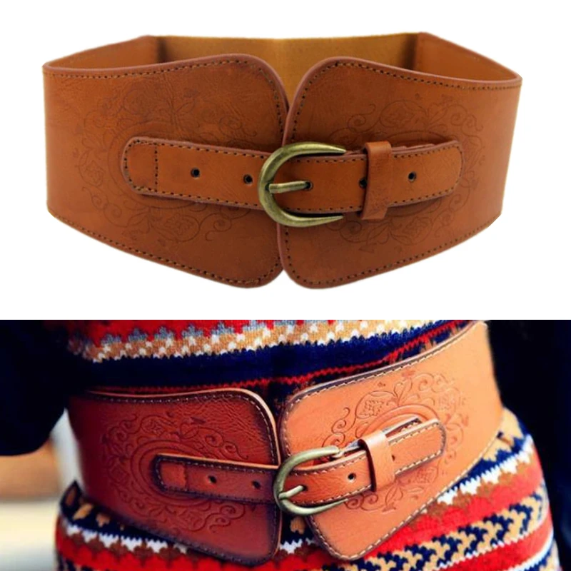 

New Retro Totem Belt Women Imitation Leather Pin Buckle Wide Female Designer Fashion Brand Waist Belt Lady's Waist Docoration