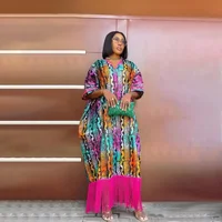 Summer African Printed Dress Women Casual Tassels V Neck Half Sleeve Loose Fit Party Club Long Maxi Dress Women
