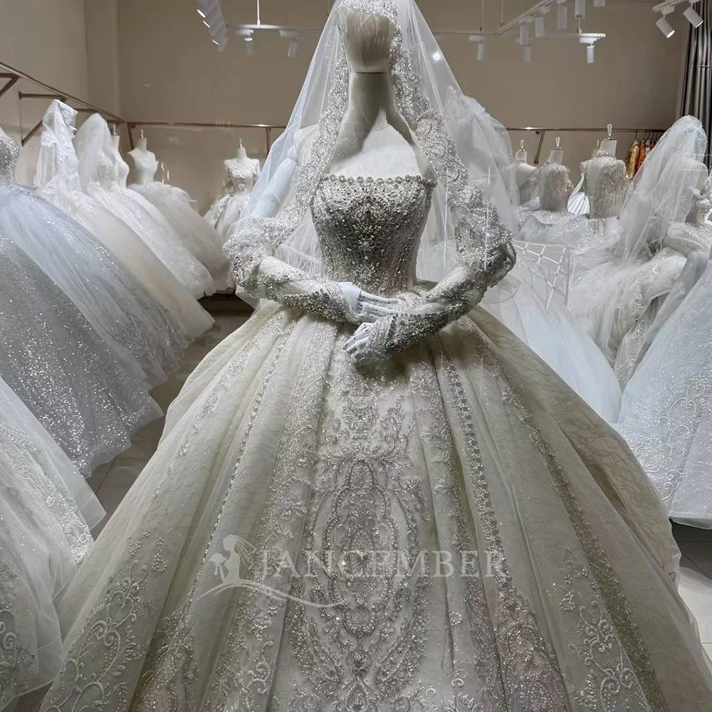 Customized Exquisite Long Sleeves Wedding Dresses for Bride Backless Bling Pleats Lace Appliques Ball Gown Vestido De Novia