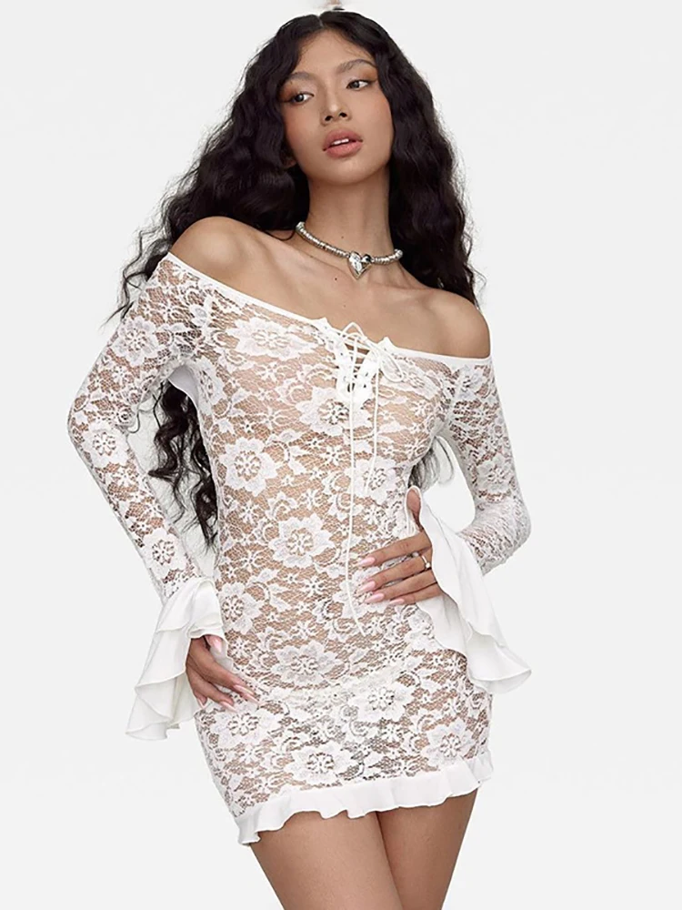 Fantoye Sexy See Through Lace Women Dress White Off Shoulder Flare Sleeve Dress Female Spring Slim Elegant Party Streetwear 2025