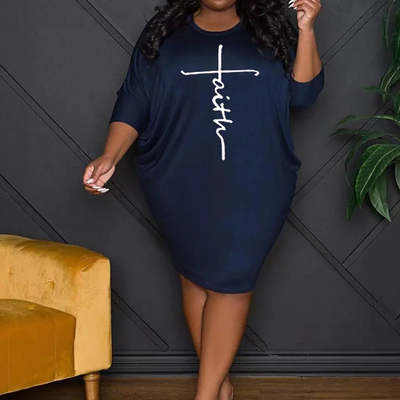 Spring Summer Clothes for Women Fashion Letter Printing Three Quarter Sleeve Round Neck Loose Plus Size Casual Midi Dresses