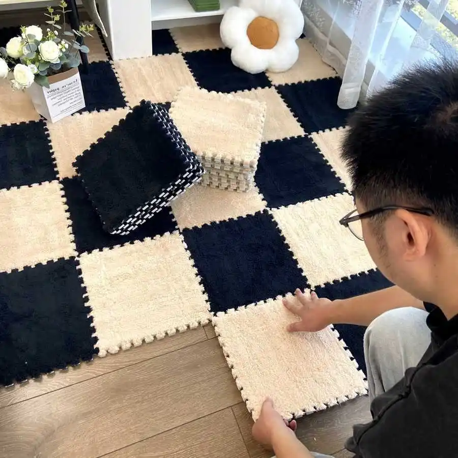 Multicolor Plush Patchwork Floor Mat Baby Play Pad EVA Interlocking Foam Rug Bedroom Bedside Mat Colorful Interior Decoration