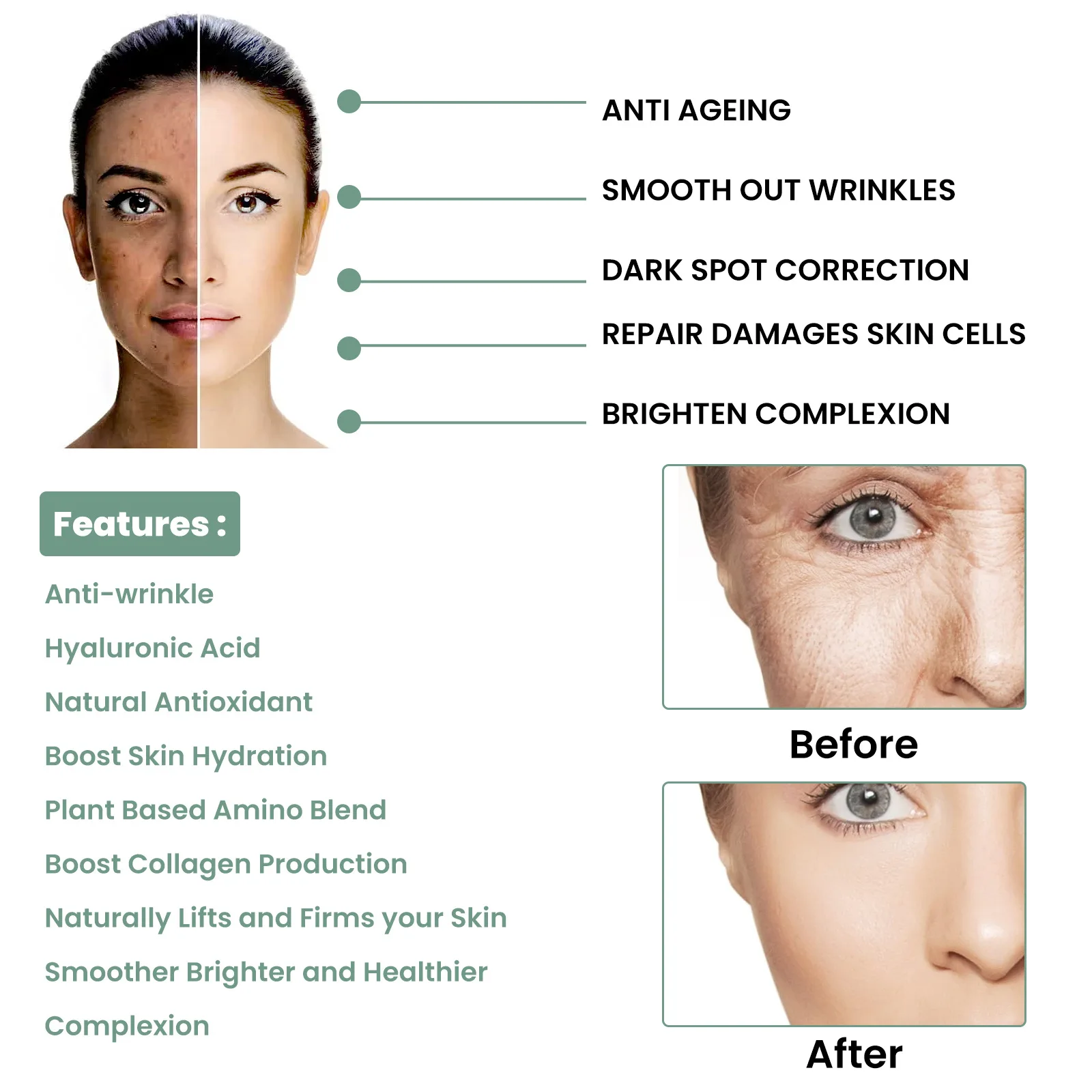Facial Serum Facial Essence Collagen Face Serum Retinol Face Serum Salicylic Acid Facial Serum Facial Anti Wrinkles Product EELHOE Pure Hyaluronic Acid Facial Serum Anti Wrinkle Aging Face Lift Tightening Reduce Eye Finelines Moisturizing Cosmetics