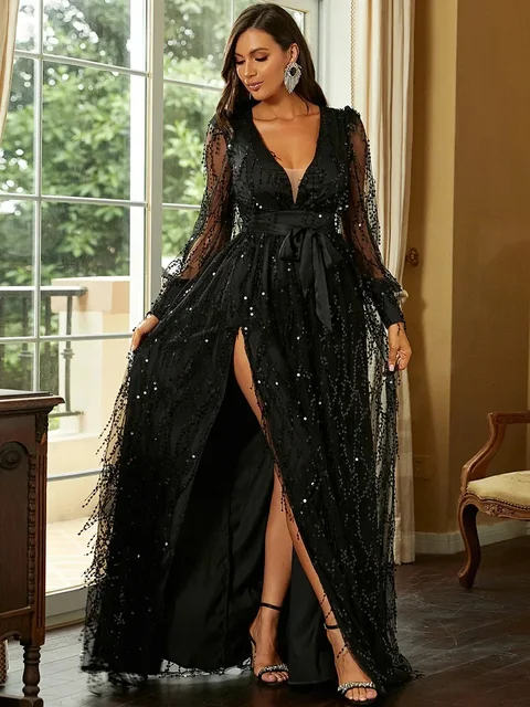 2024 Women's Autumn New Black Silk Mesh Sequins Long Evening Dress Brightly Stated Gown For Special Occasions Formal Affairs 4