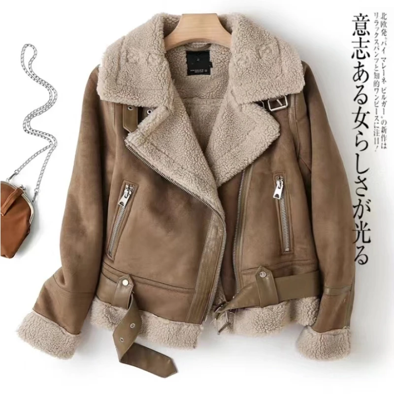 Autumn Winter Women Jacket Vintage Double Sided Fur Integrated Suede Motorcycle Jacket Long Sleeve Outerwear Chic Streetwear white automatic buckle cowhide belt chic casual commercial luxury design double sided genuine leather waistband for men 2023 new