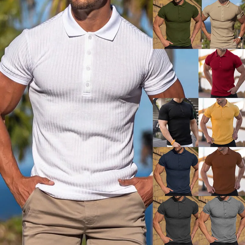 

New European and American cross-border foreign trade wish men's summer sports fitness leisure elastic vertical bar short sleeve