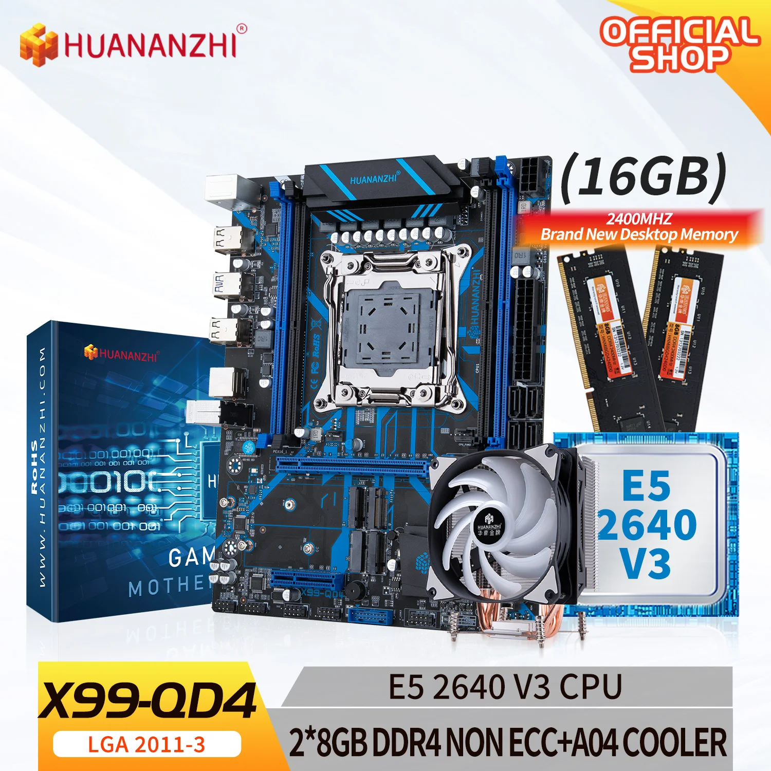 

HUANANZHI X99 QD4 X99 Motherboard combo kit set with Intel XEON E5 2640 v3 with 2*8G DDR4 NON-ECC with A04 Cooler