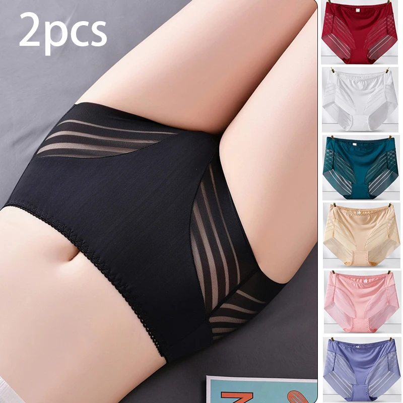 2pcs Sexy Lace Panties Women's Underpants Large Size Mid-Rise Waist Briefs Breathable Lift buttocks Female Underwear
