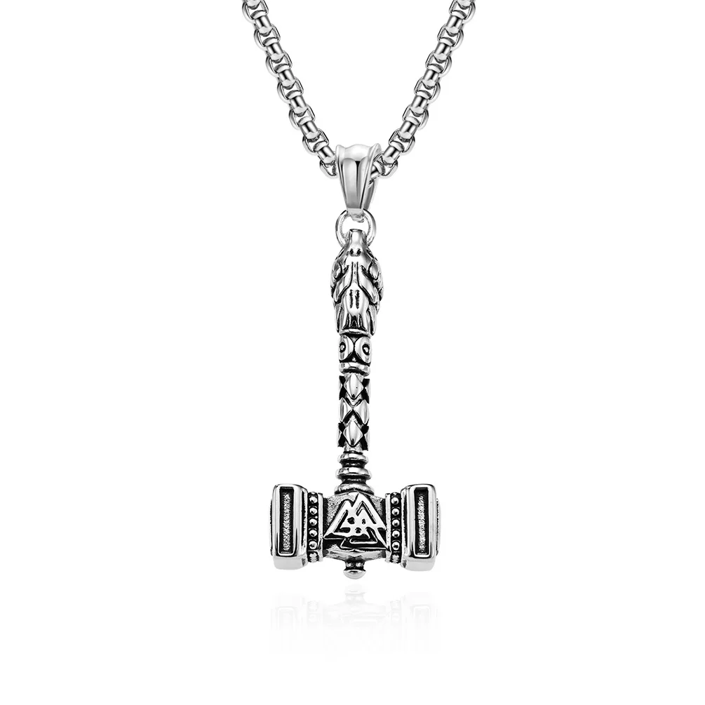 Fashion Vintage Jewelry Nordic Viking Odin Thor's Hammer Design Pendant Beaded Chain Stainless Steel Necklaces for Men