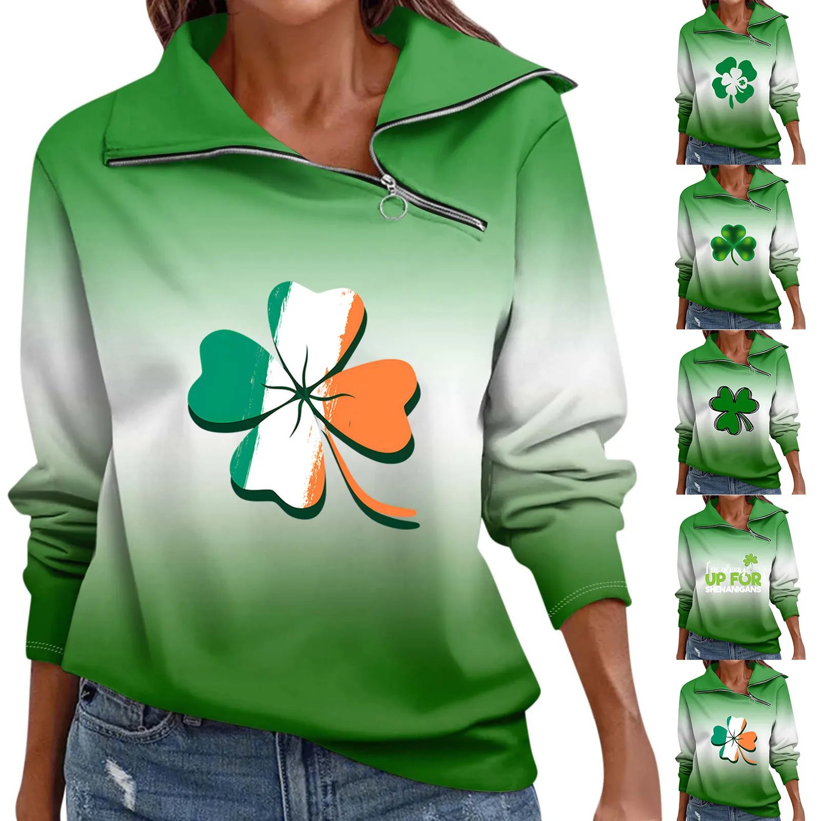 

Женские Модные свободные футболки, спортивный пуловер с принтом на День Святого Патрика, повседневный топ на молнии с длинным рукавом и V-образным вырезом, рубашки