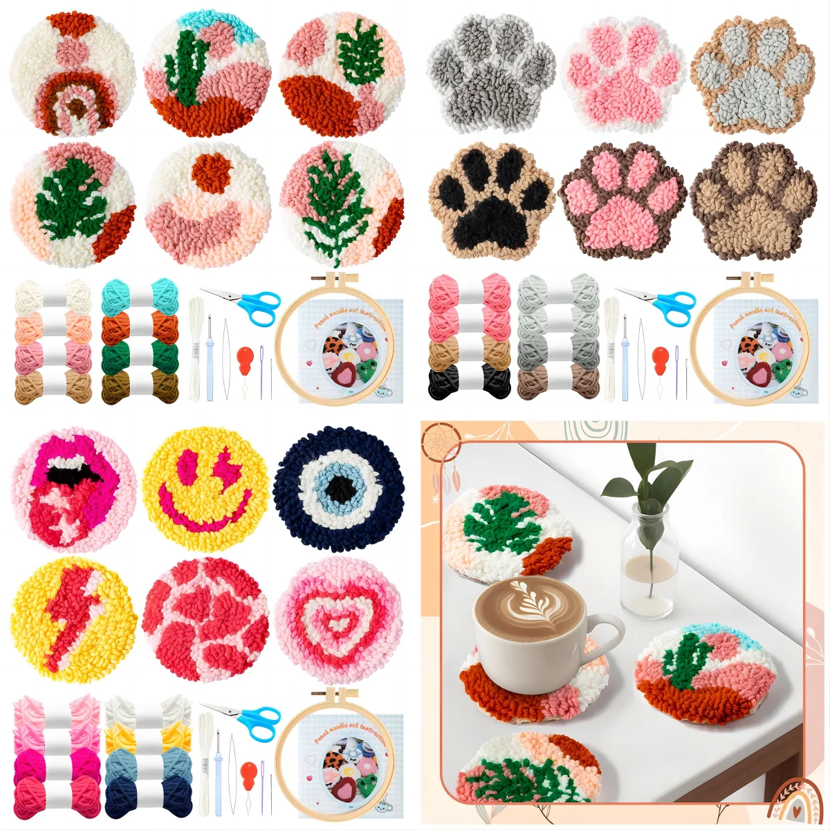 Punch Needle Embroidery Kit 22Pcs Punch Needle Embroidery Kit DIY Stitching Coasters Needlecraft Boho Pattern Tufted Rug Pads with Felt Yarns for Beginners