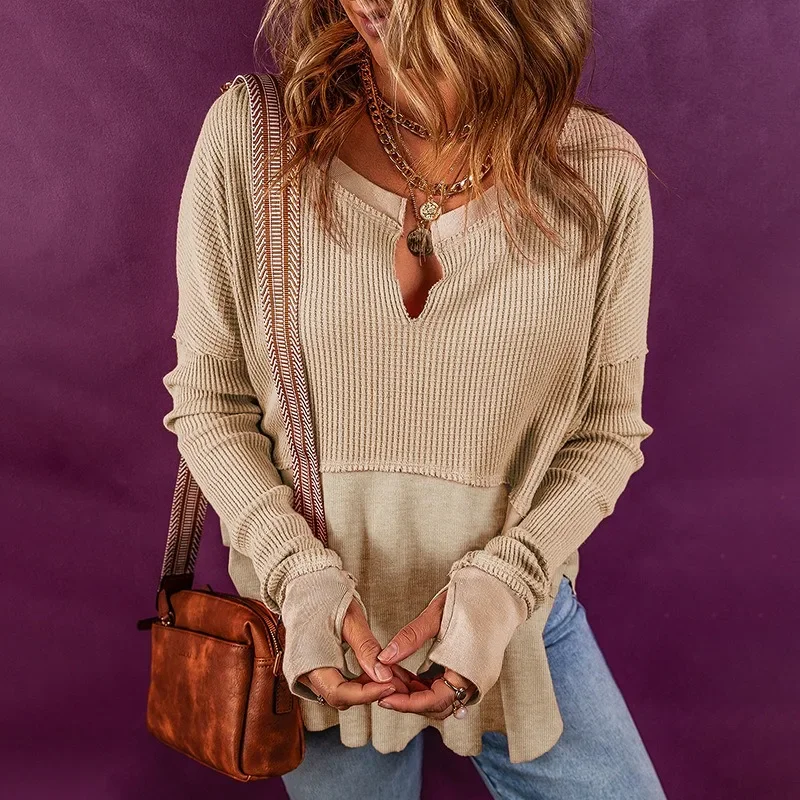 2024 New Women's Waffle Half Open Collar Pullovers Patchwork Long Sleeved Sweatshirts for Women Loose Casual Tops NASY0006